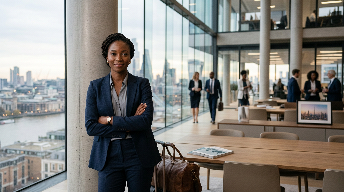Businesswoman standing with arms crossed in a modern office