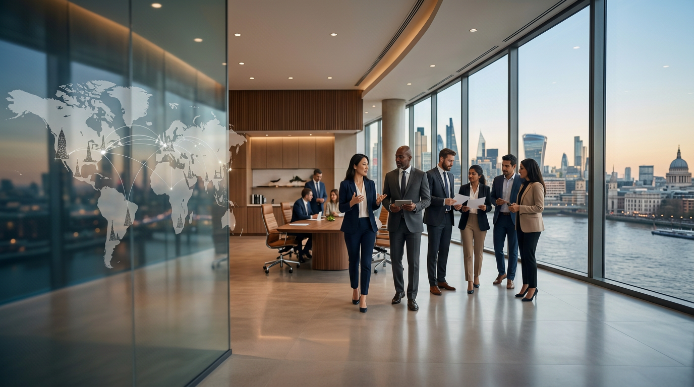 Business professionals discussing strategy beside a world map in a modern office