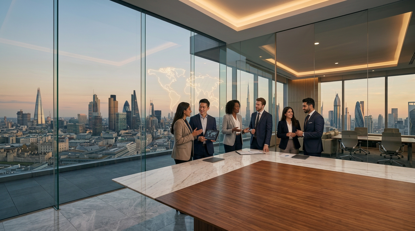 Six business professionals discussing strategy around a conference table
