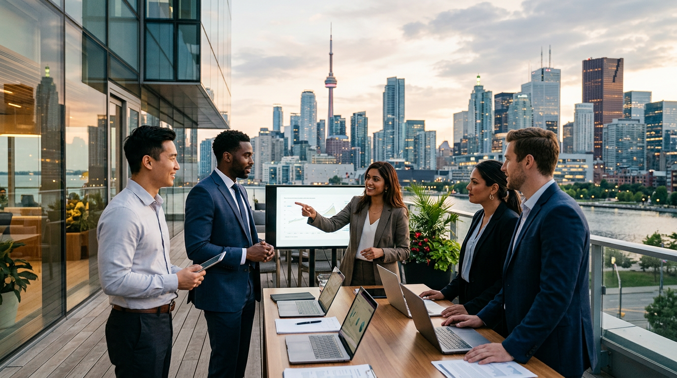 Business team discussing charts on a rooftop terrace overlooking Toronto skyline