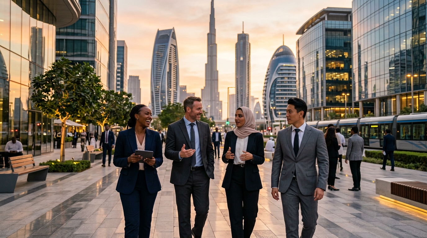 Four business professionals walking together through a modern Dubai district