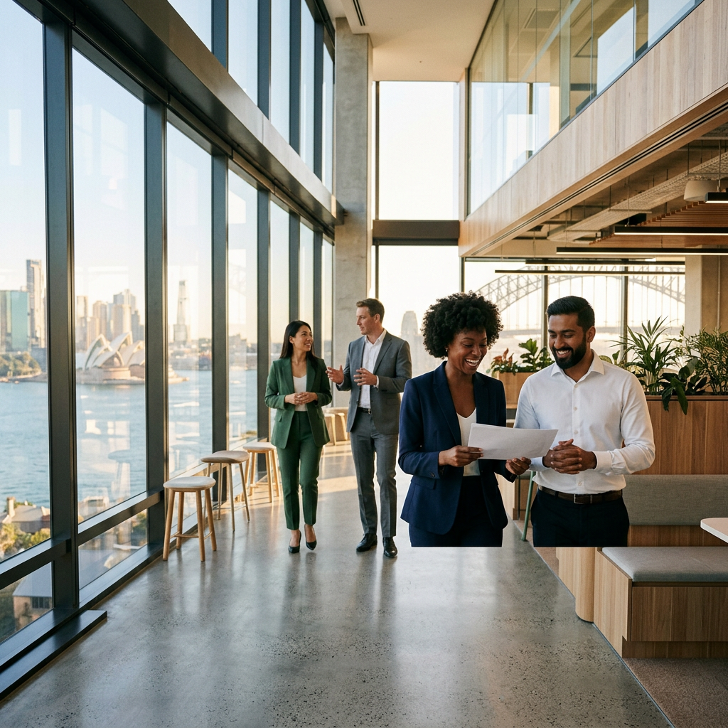 Four colleagues collaborating in a modern office overlooking Sydney Harbour